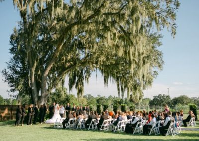 Wedding ceremony under a sprawling moss-draped oak with seated guests