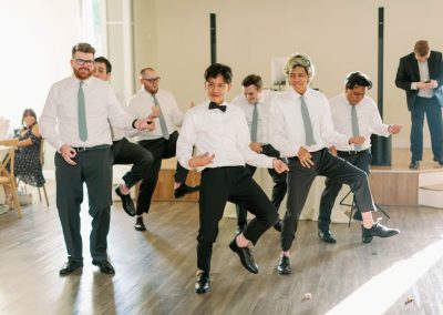 Groomsmen dancing a choreographed routine on the reception floor